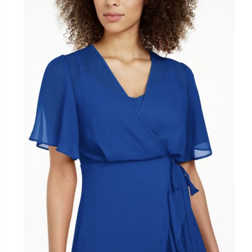 CALVIN KLEIN WOMENS SIZE LARGE BLUE CHIFFON LIGHTWEIGHT HIGH LOW FAUX WRAP DRESS
